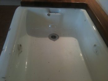 Badly chipped belfast sink repair and recoat before