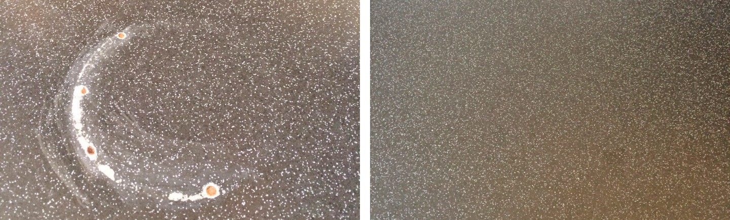A before and after photo of a burned ring mark on a kitchen worktop surface.