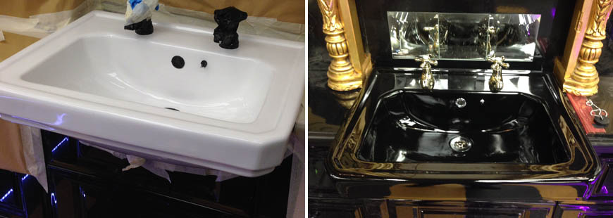 A bathroom sink that's been recoloured from white to black and gold